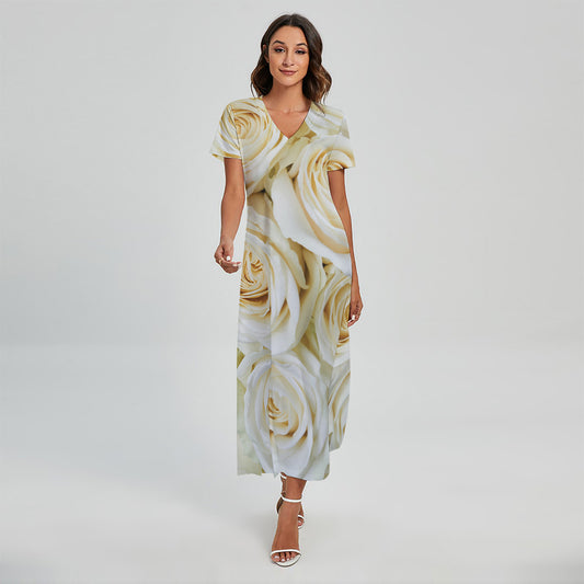 White Rose Print Short Sleeve Maxi Dress