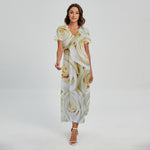 White Rose Print Short Sleeve Maxi Dress