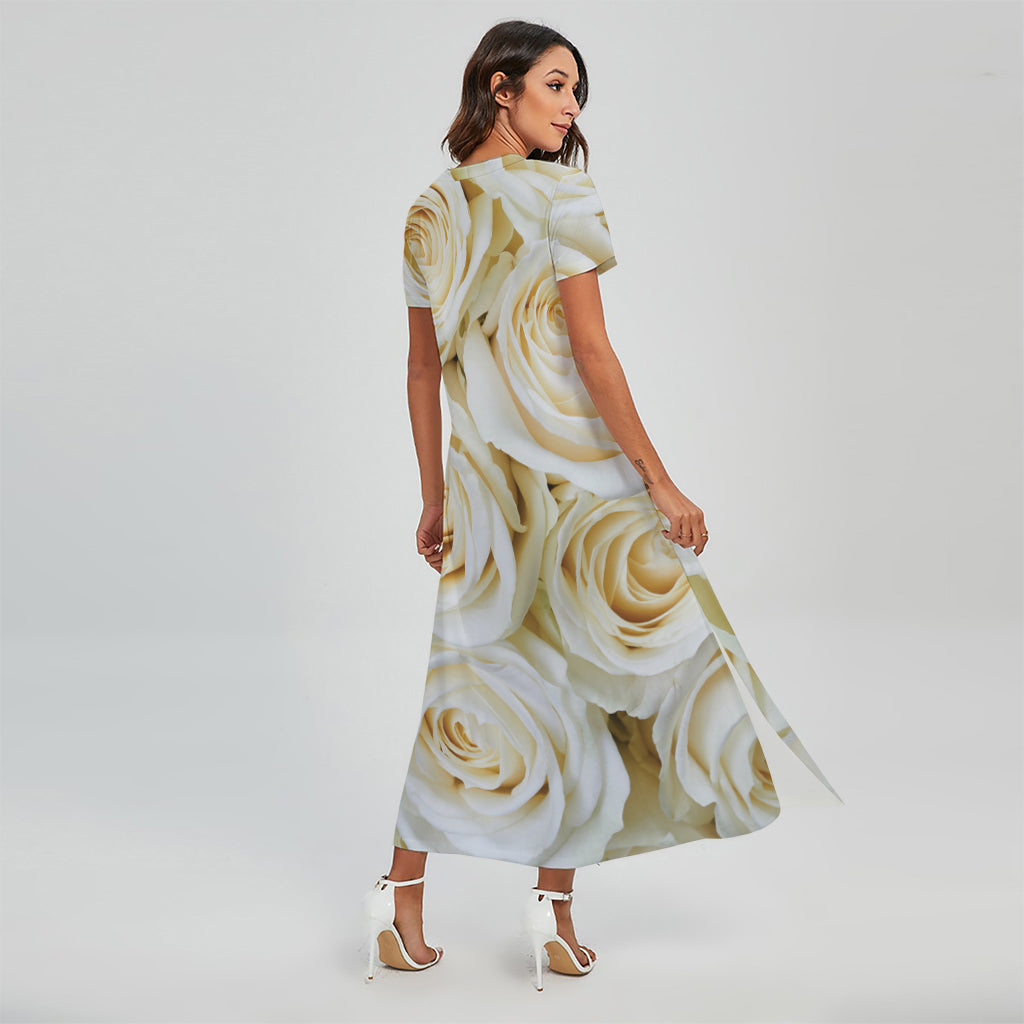 White Rose Print Short Sleeve Maxi Dress