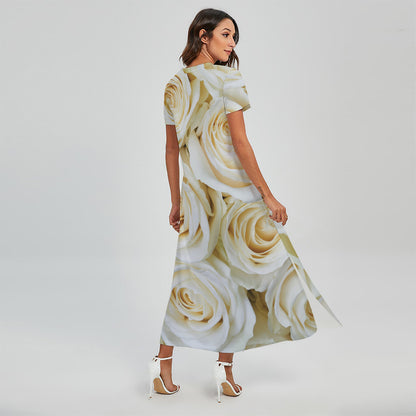 White Rose Print Short Sleeve Maxi Dress