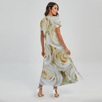 White Rose Print Short Sleeve Maxi Dress