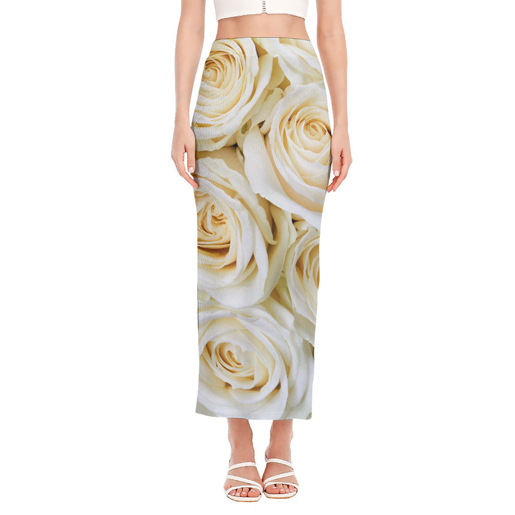 White Rose Print Side Slit Maxi Skirt
