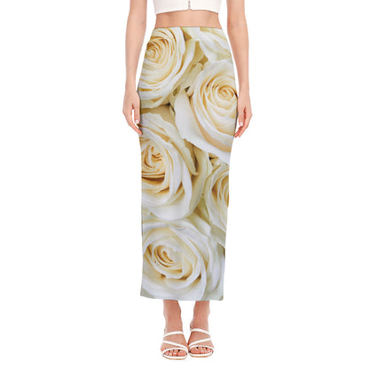 White Rose Print Side Slit Maxi Skirt