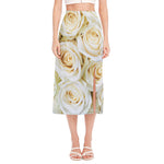 White Rose Print Side Slit Midi Skirt