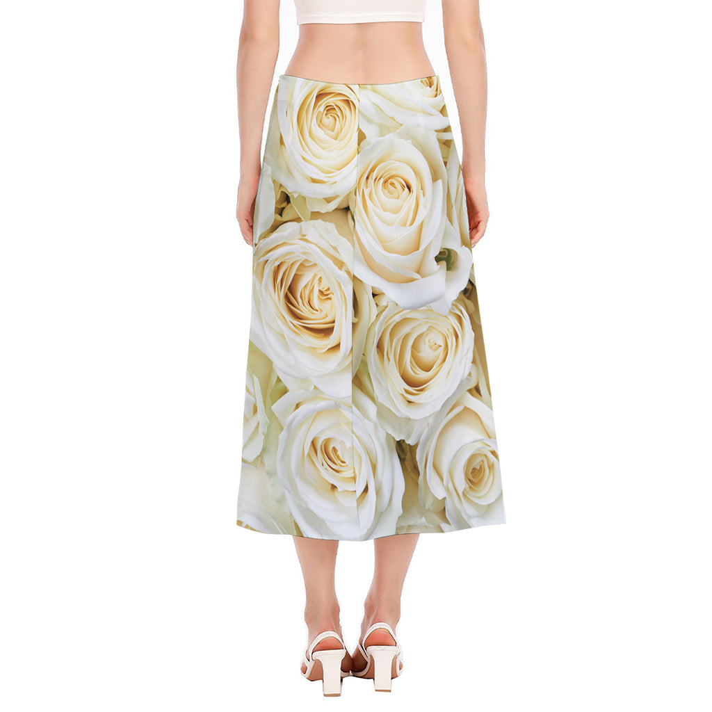 White Rose Print Side Slit Midi Skirt
