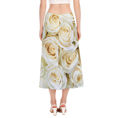 White Rose Print Side Slit Midi Skirt