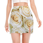 White Rose Print Side Slit Mini Skirt