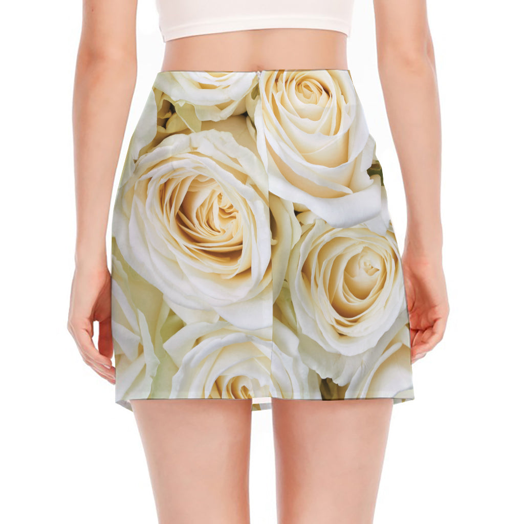 White Rose Print Side Slit Mini Skirt