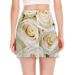 White Rose Print Side Slit Mini Skirt