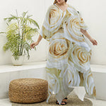 White Rose Print Silk V-Neck Kaftan Dress