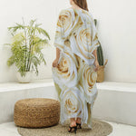 White Rose Print Silk V-Neck Kaftan Dress