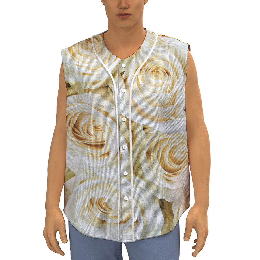 White Rose Print Sleeveless Baseball Jersey