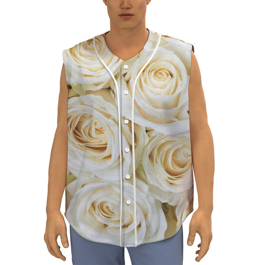 White Rose Print Sleeveless Baseball Jersey