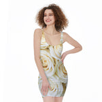 White Rose Print Sleeveless Bodycon Dress
