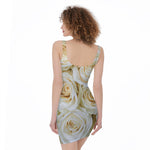 White Rose Print Sleeveless Bodycon Dress