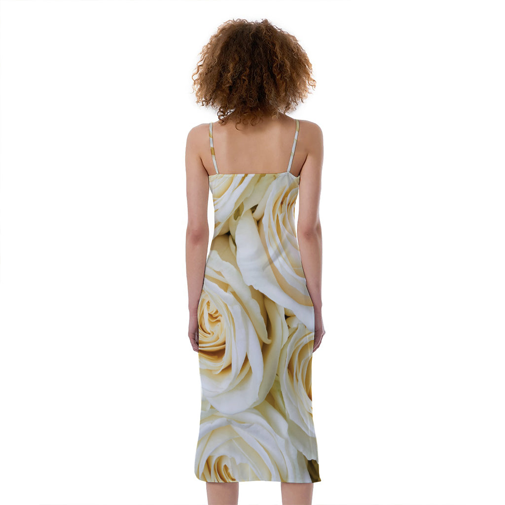 White Rose Print Slim Fit Midi Cami Dress