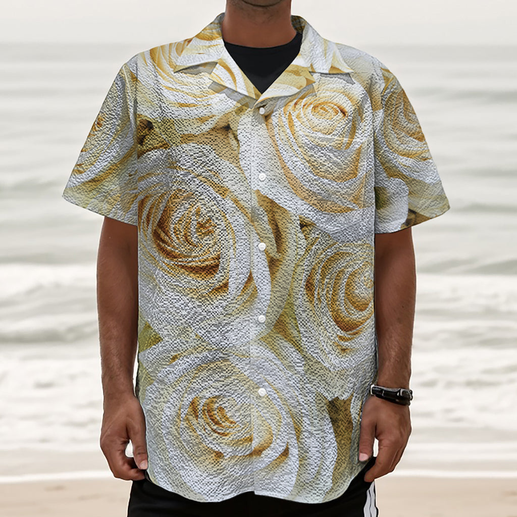 White Rose Print Textured Short Sleeve Shirt