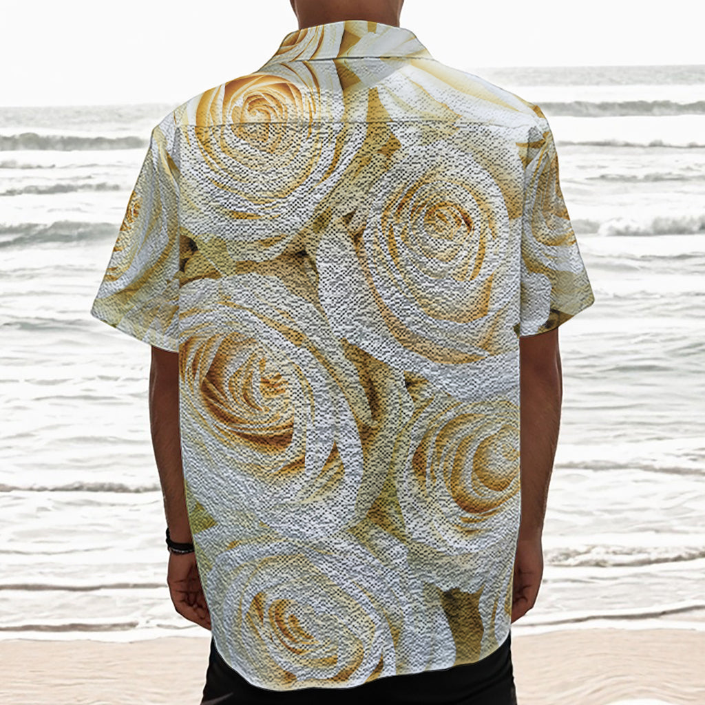 White Rose Print Textured Short Sleeve Shirt