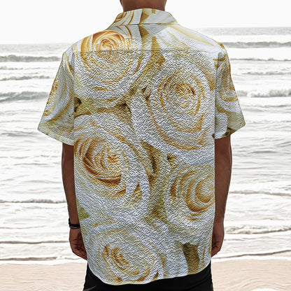 White Rose Print Textured Short Sleeve Shirt