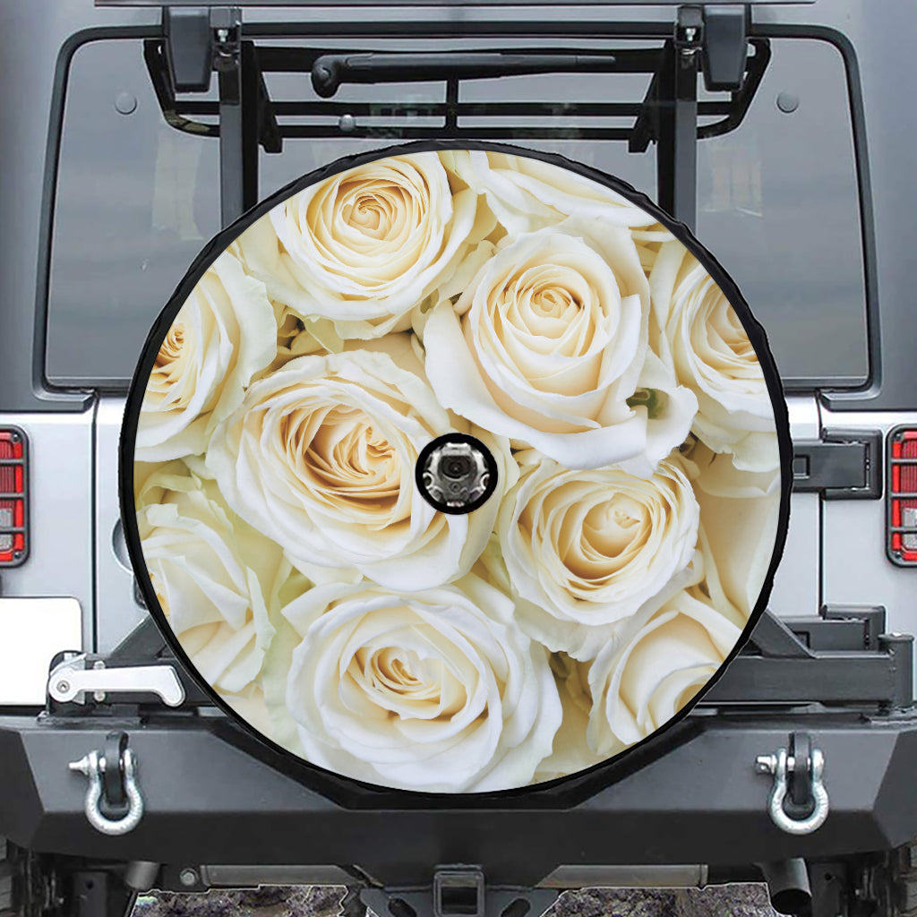 White Rose Print Tire Cover With Camera Hole