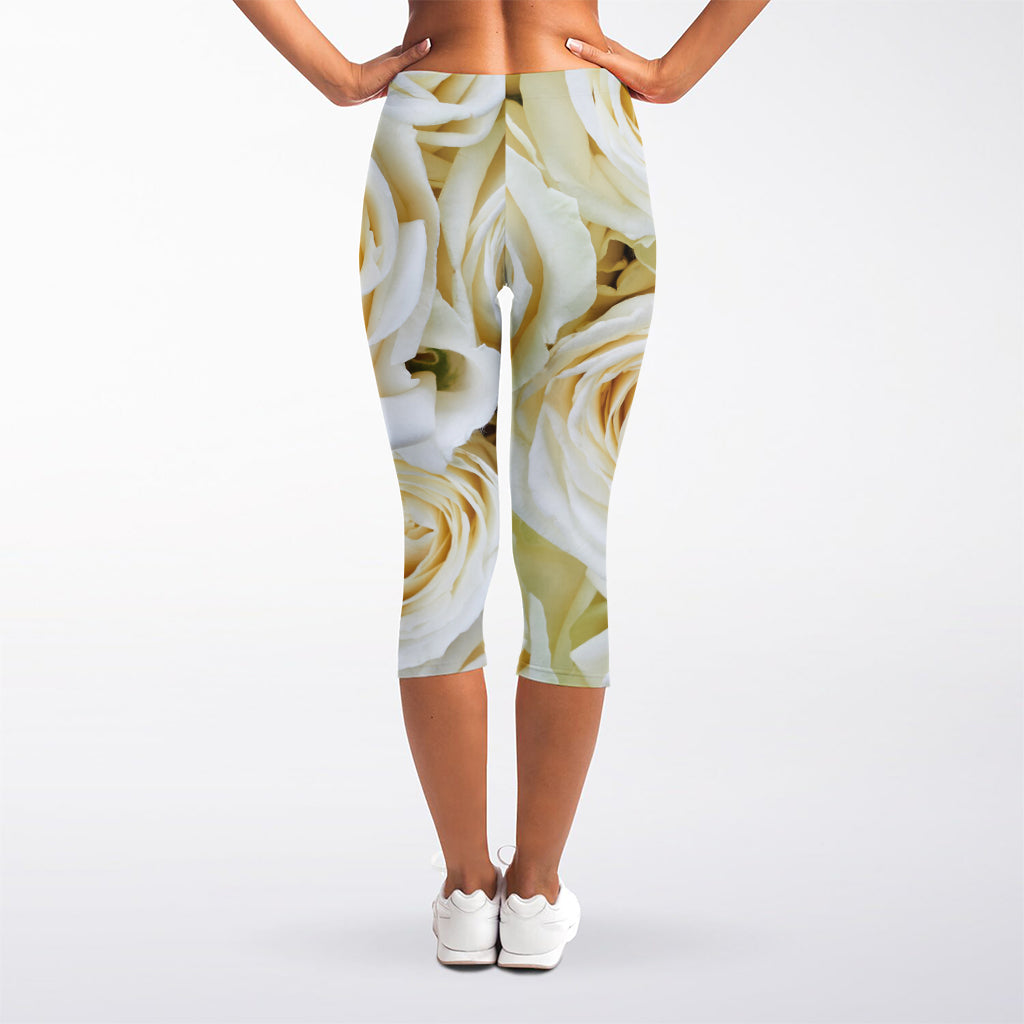 White Rose Print Women's Capri Leggings