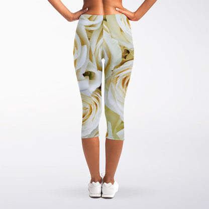 White Rose Print Women's Capri Leggings