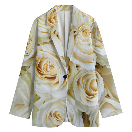 White Rose Print Women's Cotton Blazer