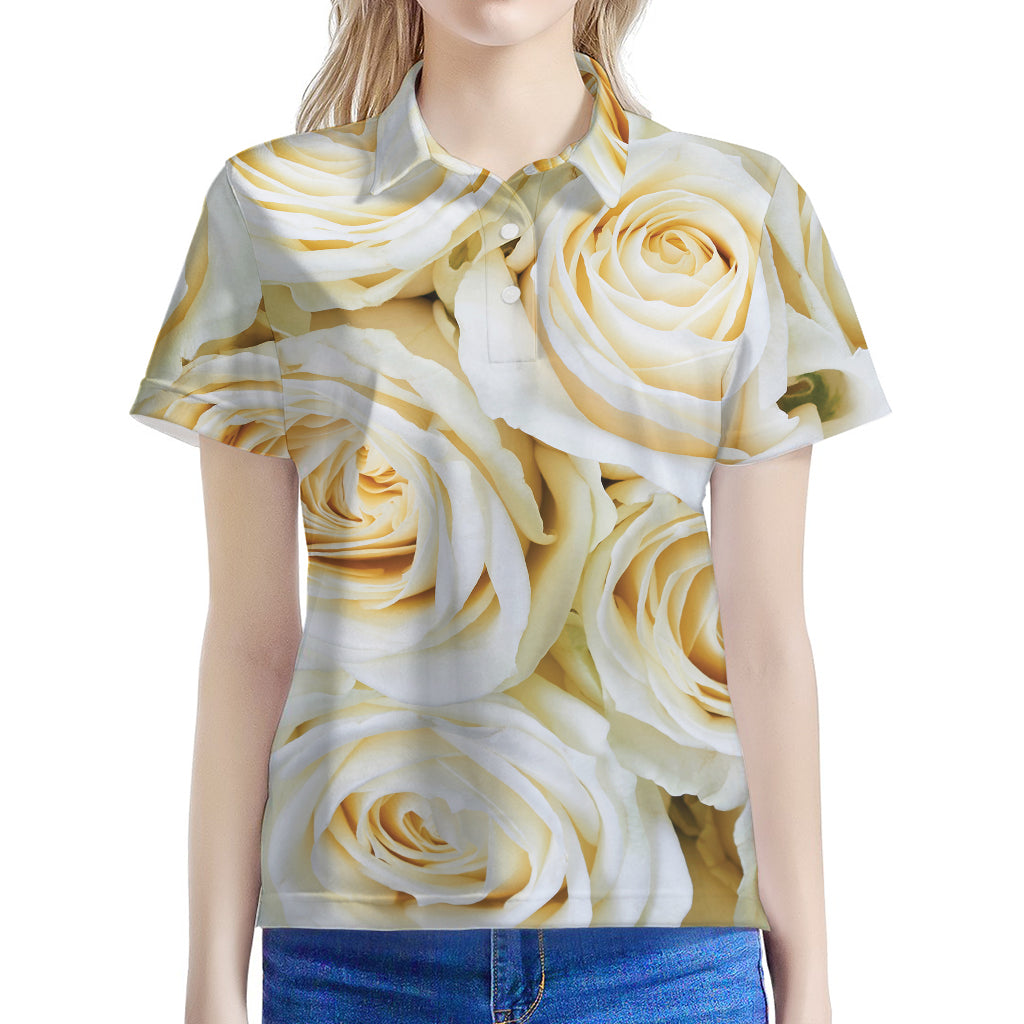 White Rose Print Women's Polo Shirt