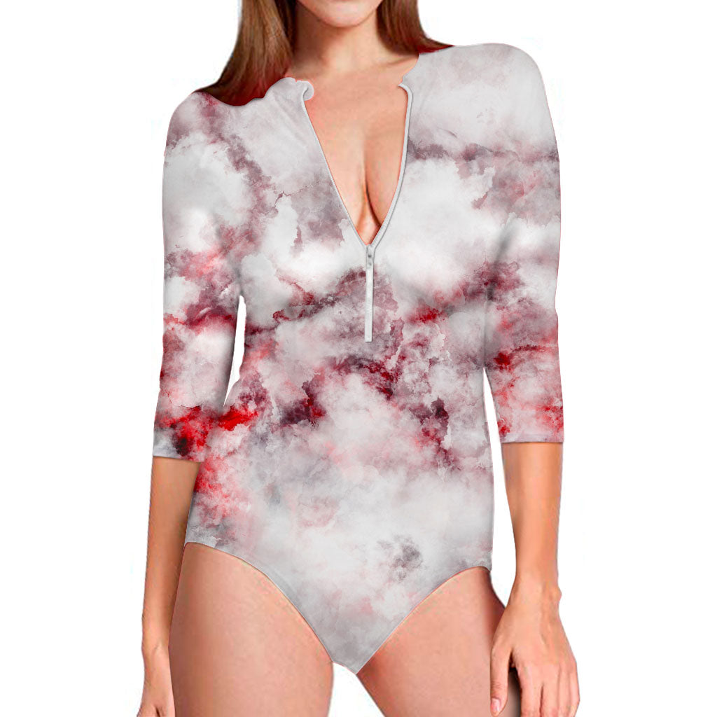 White Ruby Marble Print Long Sleeve Swimsuit