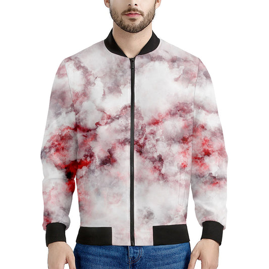 White Ruby Marble Print Men's Bomber Jacket