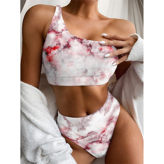 White Ruby Marble Print One Shoulder Bikini Top