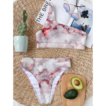 White Ruby Marble Print One Shoulder Bikini Top