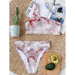 White Ruby Marble Print One Shoulder Bikini Top