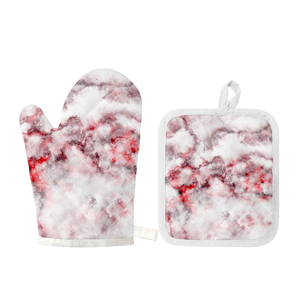White Ruby Marble Print Oven Mitt And Pot Holder Set