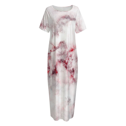 White Ruby Marble Print Short Sleeve Long Nightdress