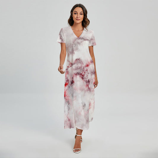 White Ruby Marble Print Short Sleeve Maxi Dress