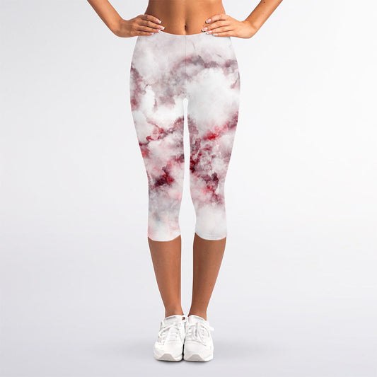 White Ruby Marble Print Women's Capri Leggings