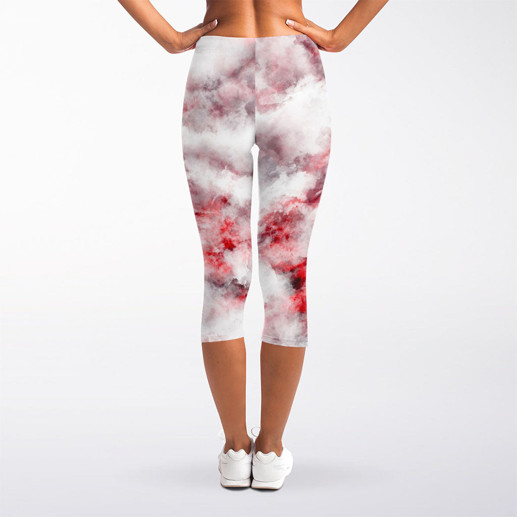 White Ruby Marble Print Women's Capri Leggings