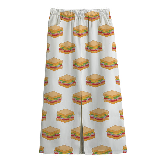 White Sandwiches Pattern Print Cotton Front Slit Maxi Skirt