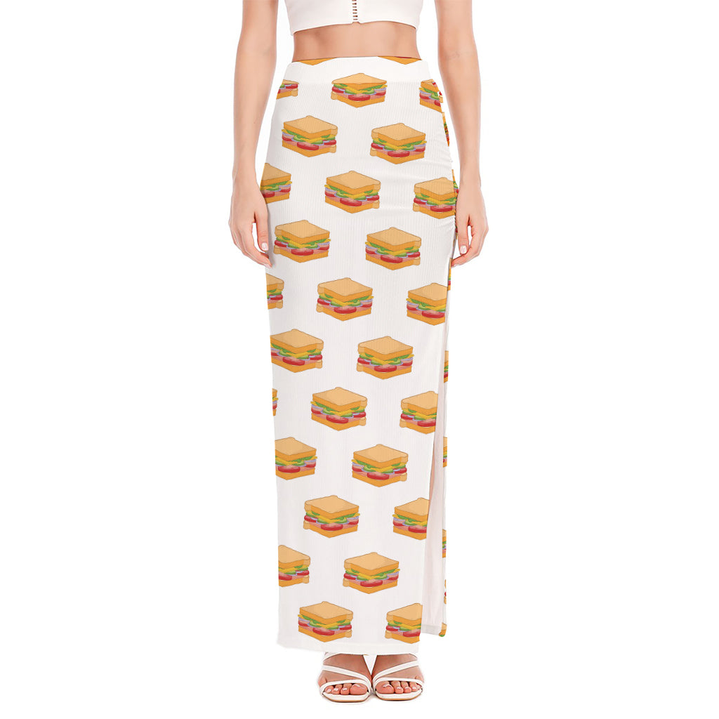 White Sandwiches Pattern Print High Slit Maxi Skirt