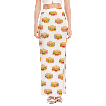 White Sandwiches Pattern Print High Slit Maxi Skirt