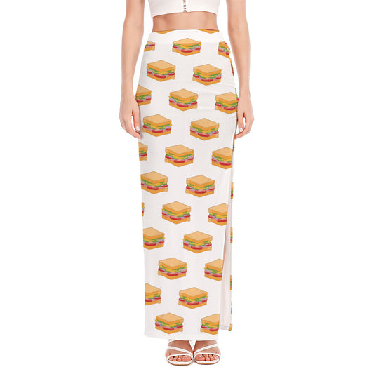 White Sandwiches Pattern Print High Slit Maxi Skirt