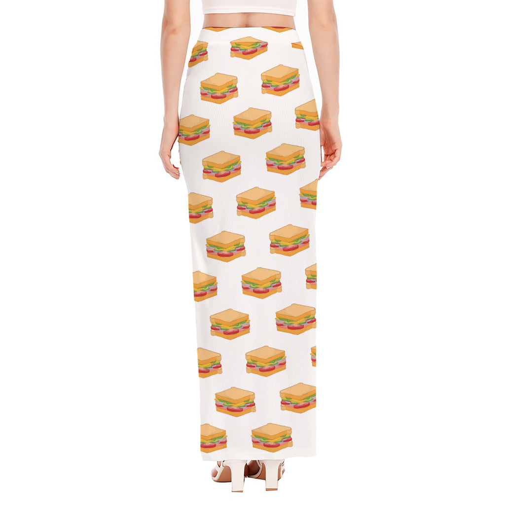 White Sandwiches Pattern Print High Slit Maxi Skirt