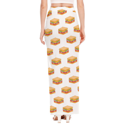 White Sandwiches Pattern Print High Slit Maxi Skirt