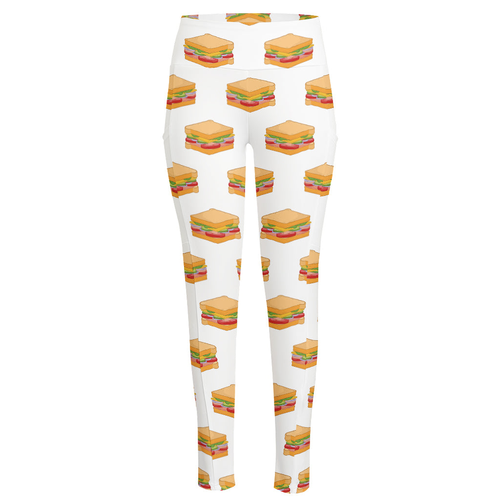 White Sandwiches Pattern Print High-Waisted Pocket Leggings