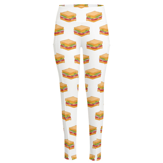 White Sandwiches Pattern Print High-Waisted Pocket Leggings