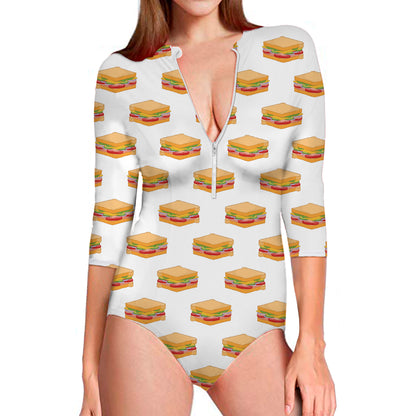 White Sandwiches Pattern Print Long Sleeve Swimsuit