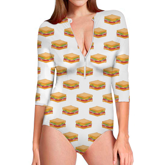 White Sandwiches Pattern Print Long Sleeve Swimsuit