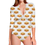 White Sandwiches Pattern Print Long Sleeve Swimsuit