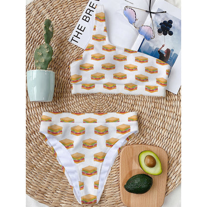 White Sandwiches Pattern Print One Shoulder Bikini Top